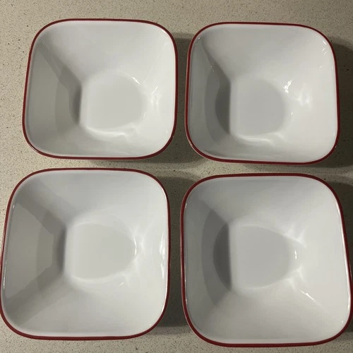 Corelle Vitrelle Splendor Square cereal Bowls Red Rim  6 3/8” Set of 4