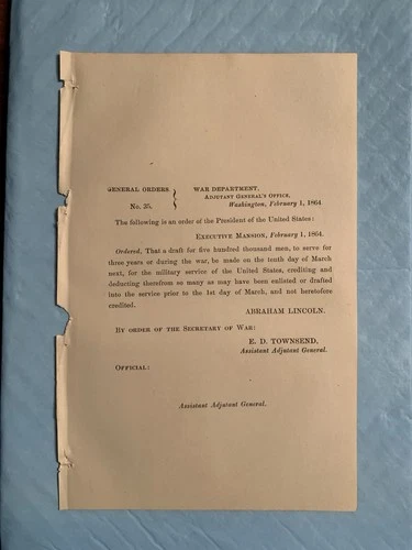 1864 Abraham Lincoln General Order Civil War Document Draft 500k Men