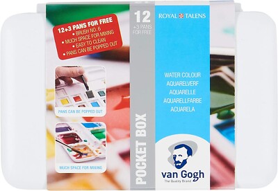 Van Gogh Watercolor Paint Set, Plastic Pocketbox, 12-Half Pan + 3-Half Pan Bonus