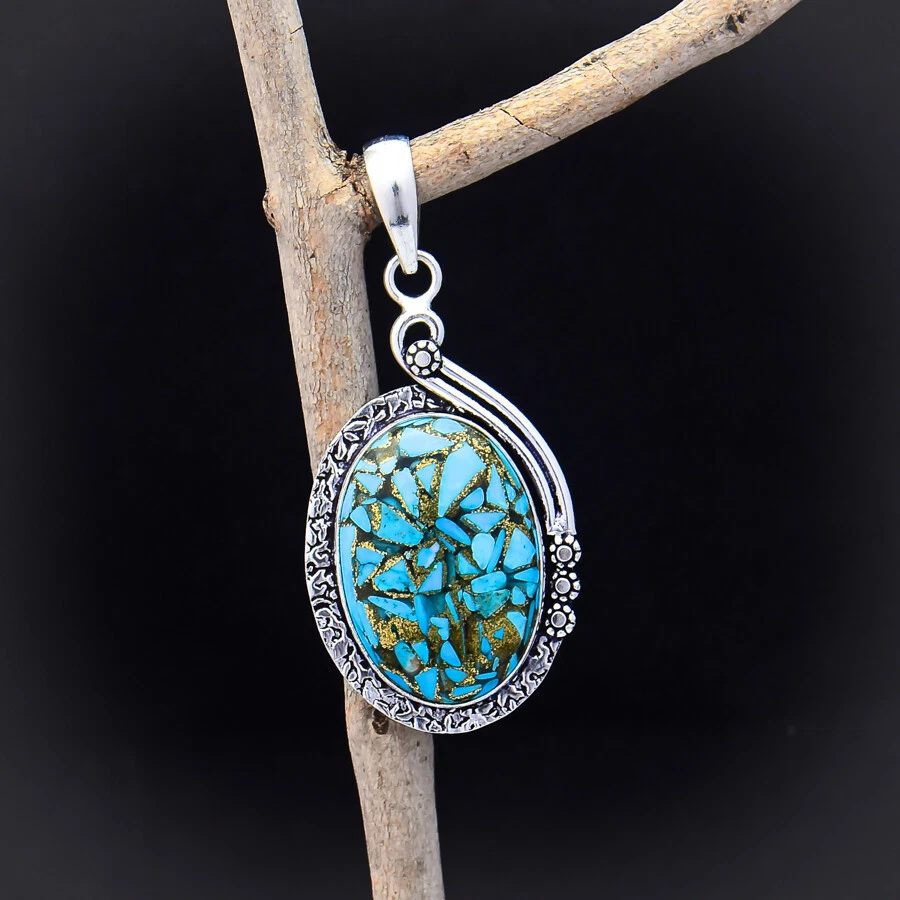 Lush Blau Kupfer Türkis Edelstein 925 Sterlingsilber Handmade Anhänger 6.3cm - Bild 3 von 3