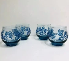 4 Eventide Libbey Rocks Old Fashioned 8 Oz Glasses Blue Leaf Barware Vintage