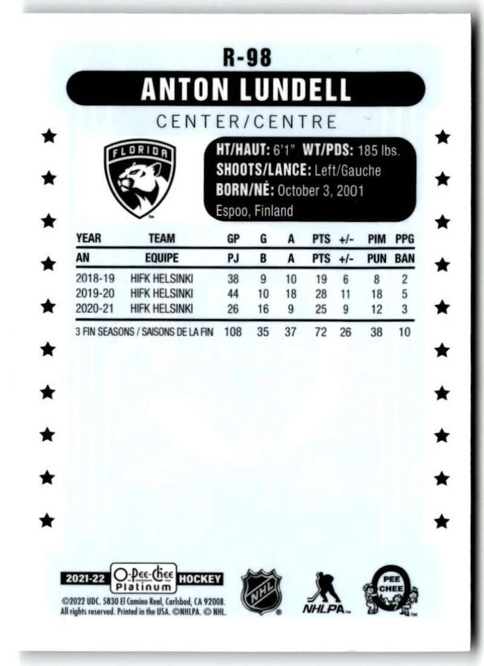 2021-22 O-Pee-Chee Platinum Retro #R-98 Anton Lundell RC  Florida Panthers - Image 2 of 2