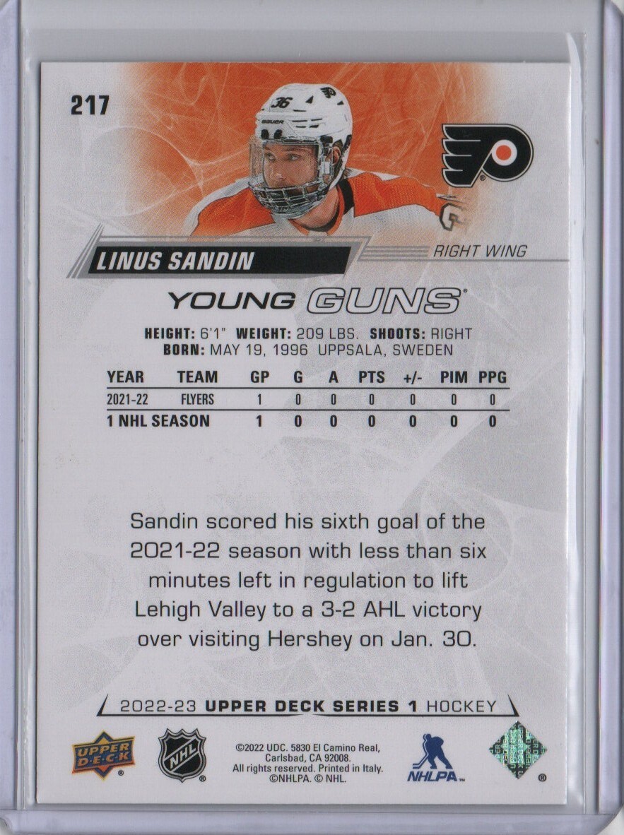 202223 Upper Deck Series 1 Epack Exclusive Linus Sandin Young Guns