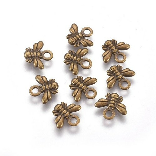 10 Tiny Bee Charms Antiqued Bronze Miniature Queen Bumblebee Jewelry 11mm - Picture 1 of 2