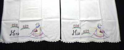 Pr Vtg Cotton Embroidered Floral Pillowcases His Hers Flower Girl Crochet Edge