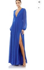 Mac Duggal Blue V-Neck Illusion Long Sleeve Chiffon Gown, 55682, Size 6, NEW