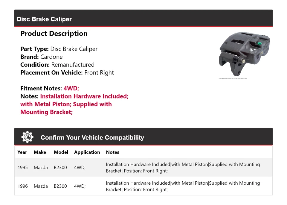 Pinza de freno de disco delantera derecha Cardone para Mazda B2300 1995-1996 4x4 Foto 2 de 4