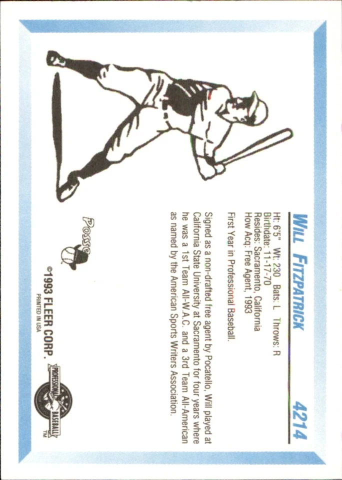 Will Fitzpatrick 1993 Fleer ProCards #4214 RC Pocatello Posse *AutographDen* - Image 2 of 2