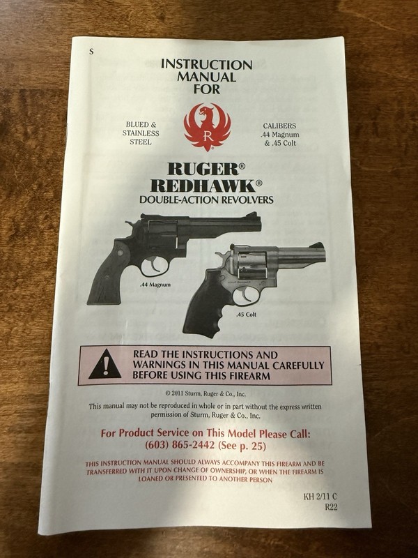 Ruger Redhawk Calibers .44 Magnum & .45 Colt Instruction Manual Great Condition!