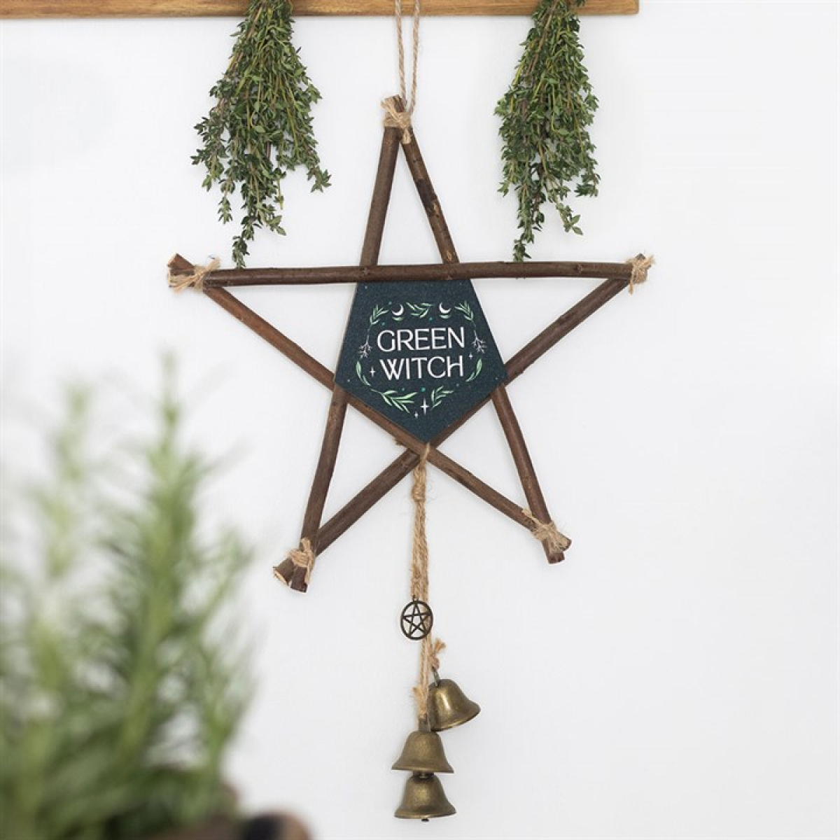 Green Witch Indoor Outdoor Hanging Willow Pentagram with Bells.
