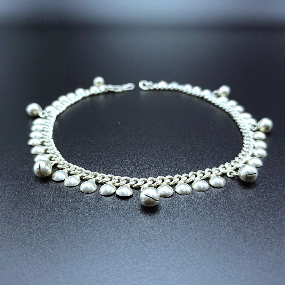 925 Sterlingsilber Bali Stil Fußkettchen einzigartige Glocken halbe Kuppel Charms 8,5 Zoll - Bild 1 von 4