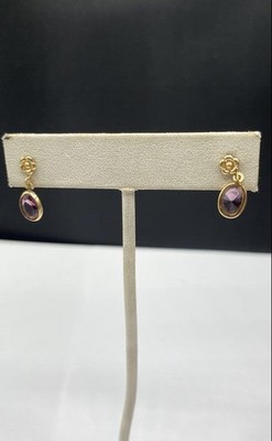M & M 14k Yellow Gold Amethyst Oval Shape Dangle Earrings 1.1 g