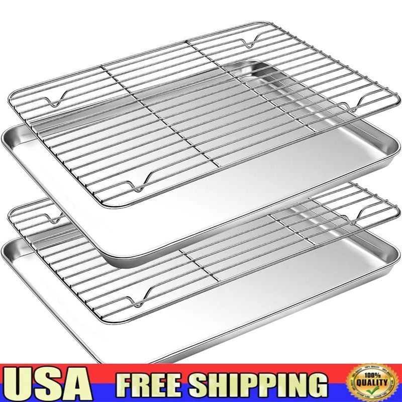 Stainless Steel Baking Pans Set W/ Wire Rack Non-Stick Dishwasher Safe New