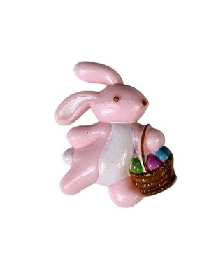 Gibson Pink Easter Bunny Rabbit Pin Brooch Plastic Egg Basket Spring Vtg Jewelry