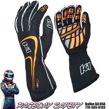 K1 RaceGear Track 1 Nomex Racing Gloves SFI 3.3/5 Black/Fluo Orange Kids & Adult