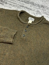 LL Bean Roll Neck Sweater Mens L Tall Green Cotton Knit Pullover Fisherman Vtg
