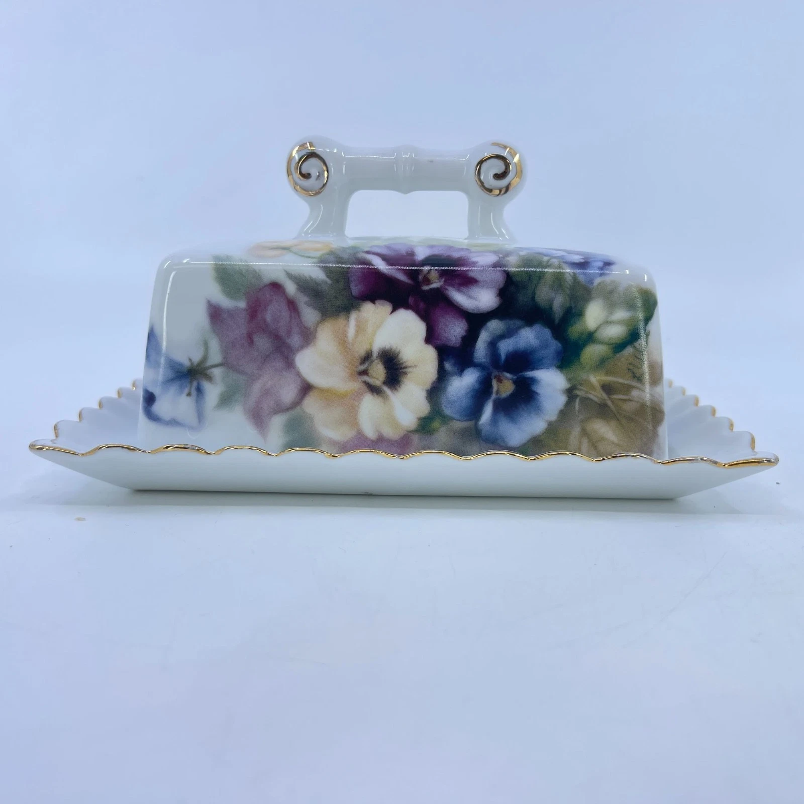 vintage floral ceramic butter dish features pansies, scalloped edges gold accent