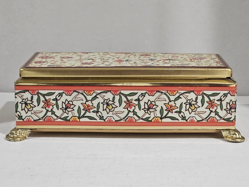 Vintage~Fricke & Nacke~Footed Tin Lidded Box~Floral/Birds Design~Western Germany