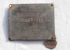 Old Vintage Villiers Mark 10 Engine ID Tag Plate Stationary Mower Marine