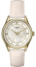 TIMEX GOLD TONE,PINK LEATHER BAND,CRYSTAL WHITE MOP DIAL CLASSIC WATCH T2P403