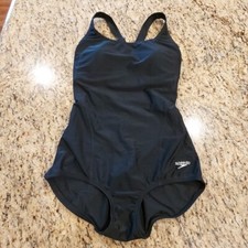 SPEEDO PowerFLEX 1 Piece SWIMSUIT Racing Black Lycra Size 6 Built-in Bra Modest