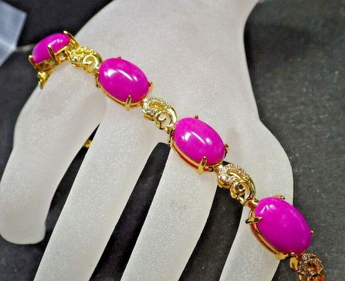 Gold Plate Pink Lavender JADE Cabochon Bangle Bracelet Diamond Imitation 322778 - Picture 5 of 8