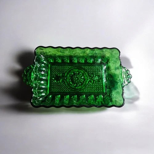 Vtg Anchor Hocking Relish Snack Trinket Tray 8.5" Emerald Green Glass Christmas