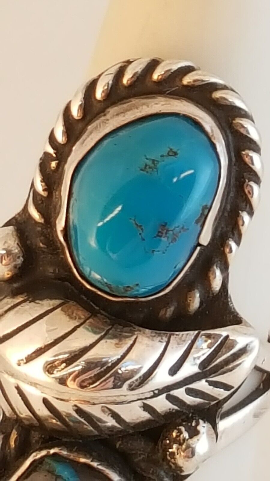 Navajo turquoise sterling silver ring feather dou… - image 10