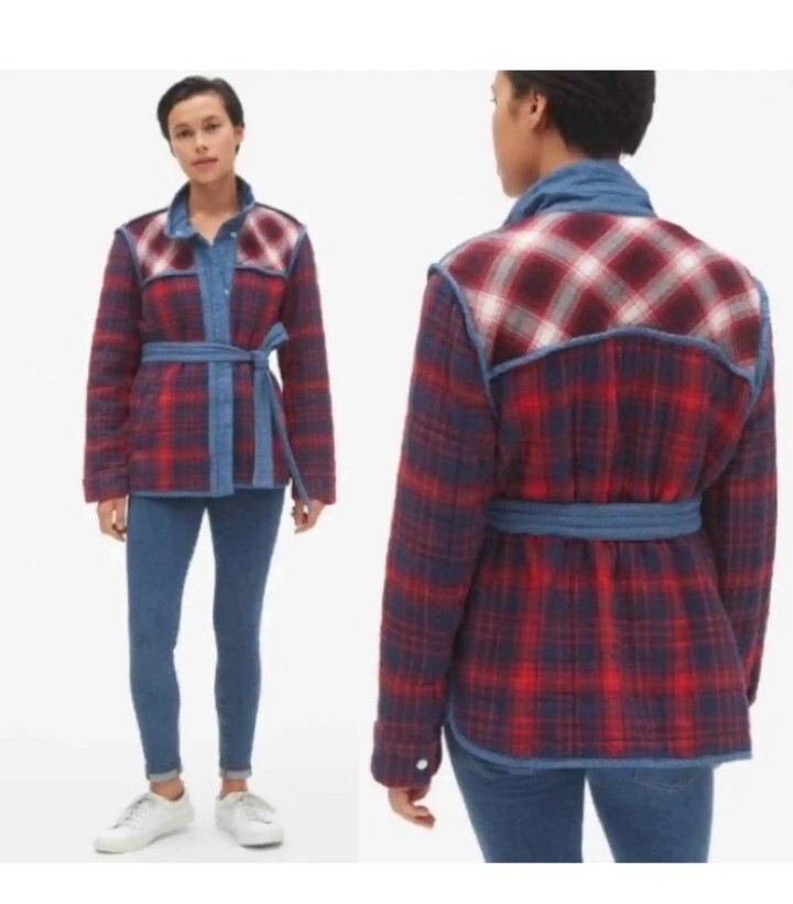 GAP Plaid Patchwork Quilted Jacket Red Self Tie B… - image 2