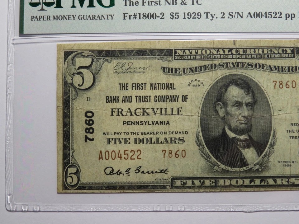 $5 1929 Frackville Pennsylvania PA National Currency Bank Note Bill #7860 VF25 - Image 3 of 4