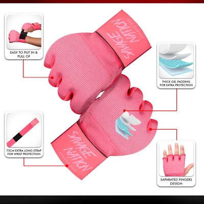 BeSavage Gel Padded Inner Gloves with Hand Wraps MMA Muay Thai Boxing Fight PINK