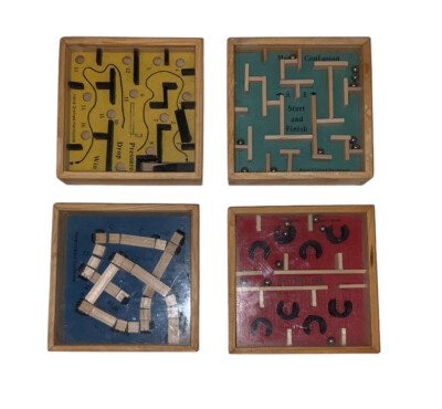 Lot of (4) Wooden Labyrinth Brain Teaser Strategy Puzzles Vintage