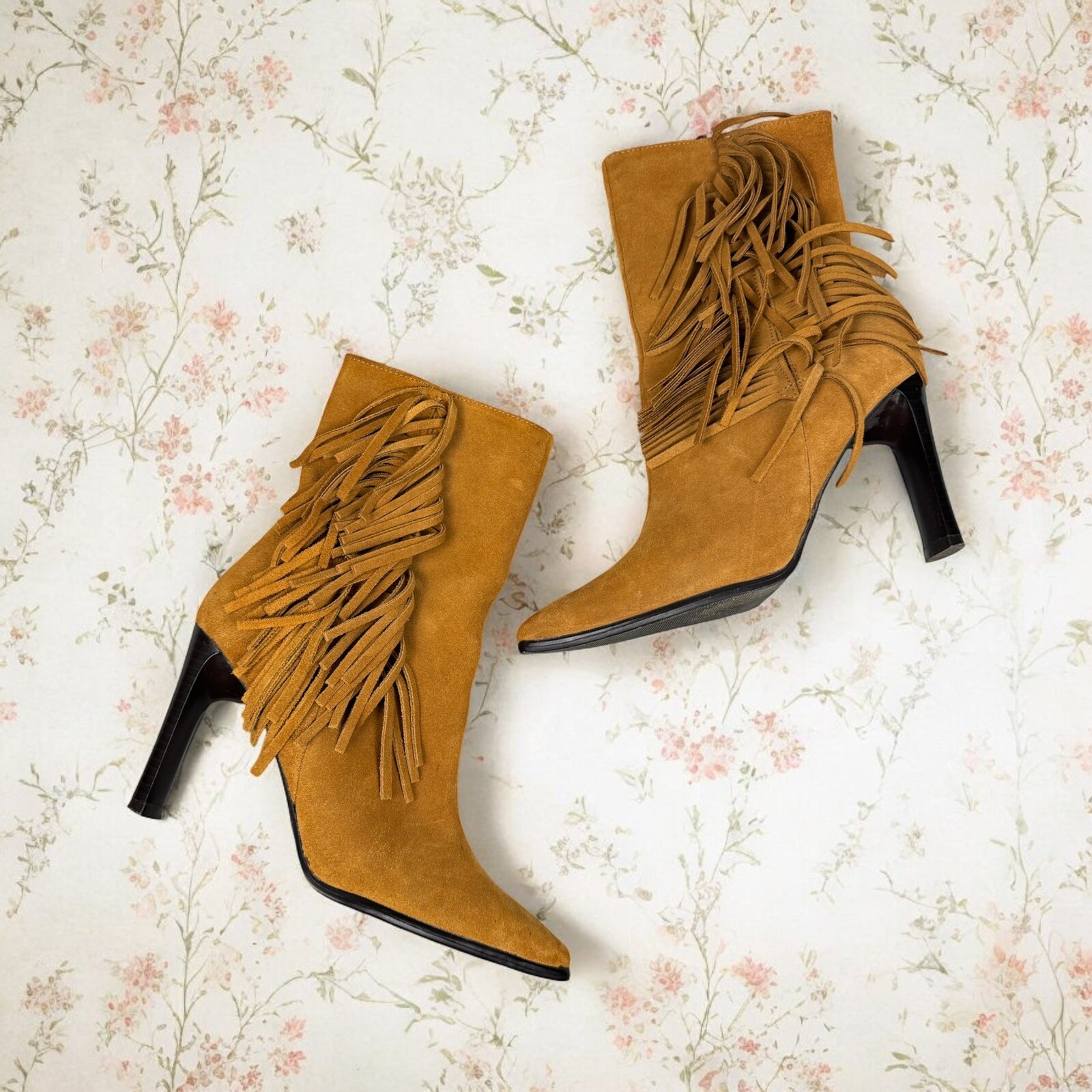 Brown Suede Fringe Ankle Boots Y2K Boho Chic Western Cowgirl Square Toe 90s US 6