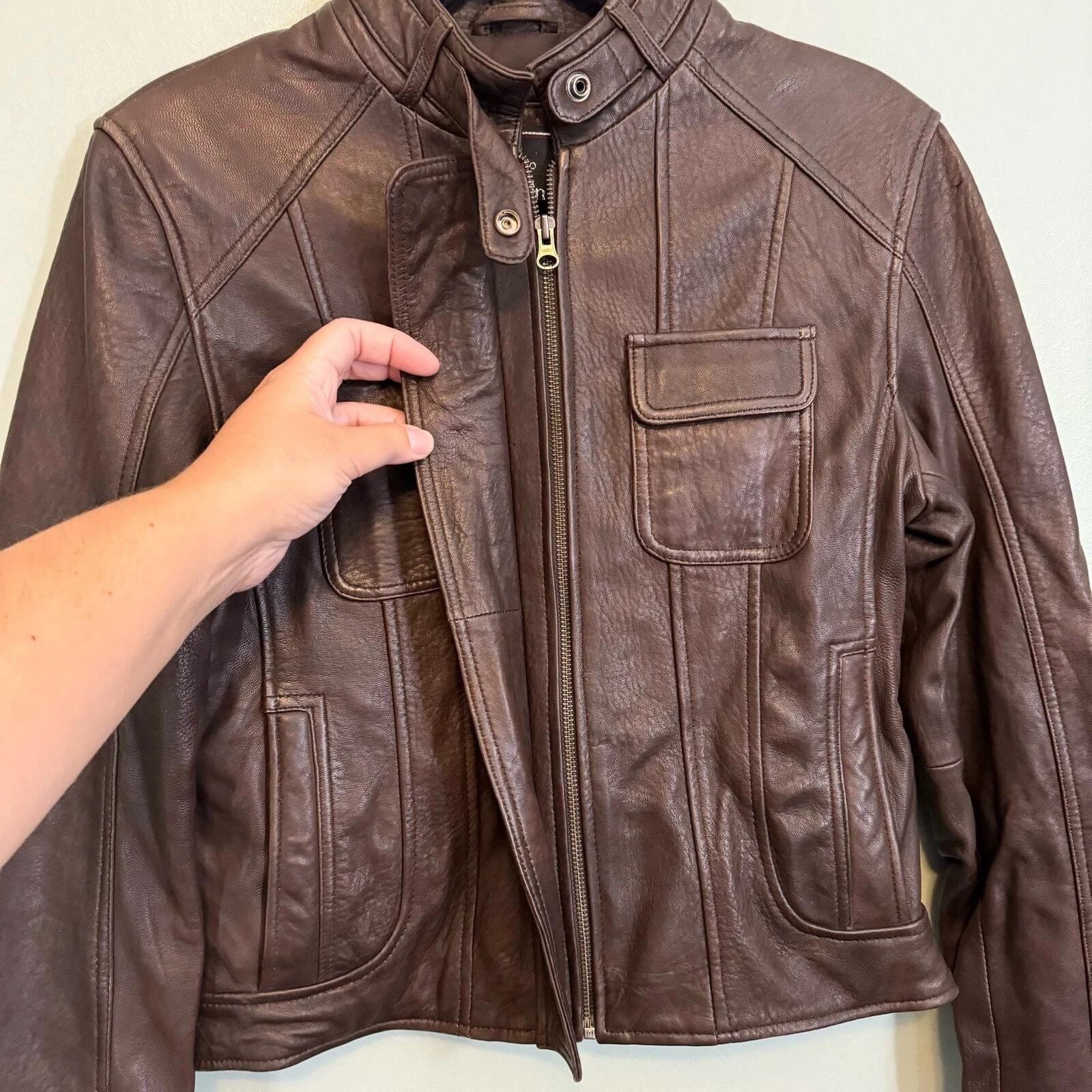 Giorgio Valentino Giacca Donna M Moto Biker Pelle Finto Collo Zip Marrone
