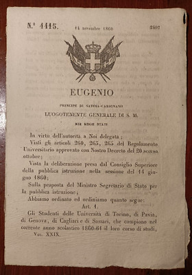 14962-EUGENIO, R.DECREE NO. 4415, COURSES OF STUDY UNIVERSITY OF TURIN, PAVIA..