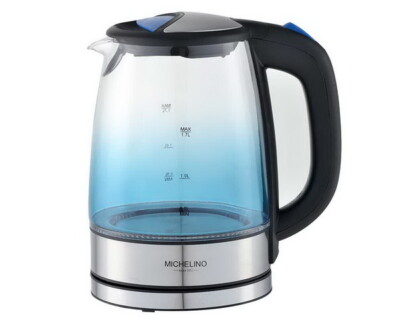 Michelino Glas 1,7L Wasserkocher Wasserbereiter kabellos Teekocher blaue LED NEU