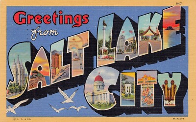 Salt Lake City UT Utah Large Letters Capitol Train Downtown Vtg Postcard Z4