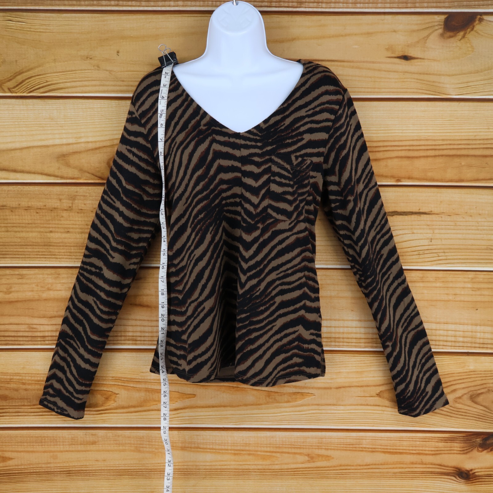 Sanctuary Long Sleeve Knit Top Womens M Brown Animal Print Stretch V-Neck Soft