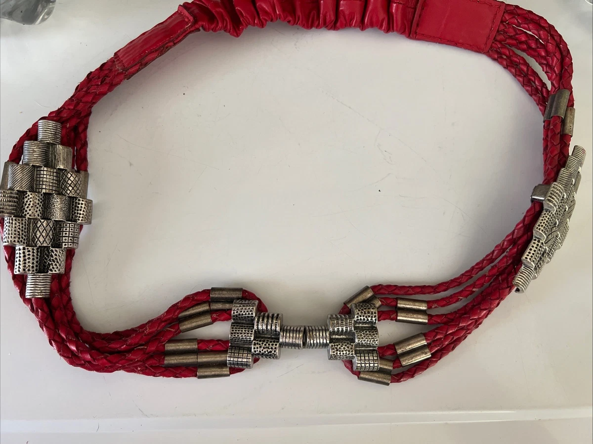 Chico’s Red Leather Wide Statement elasticized waist Belt Silver Buckle | XL Vintage Chicos Belt - Etsy main image 2