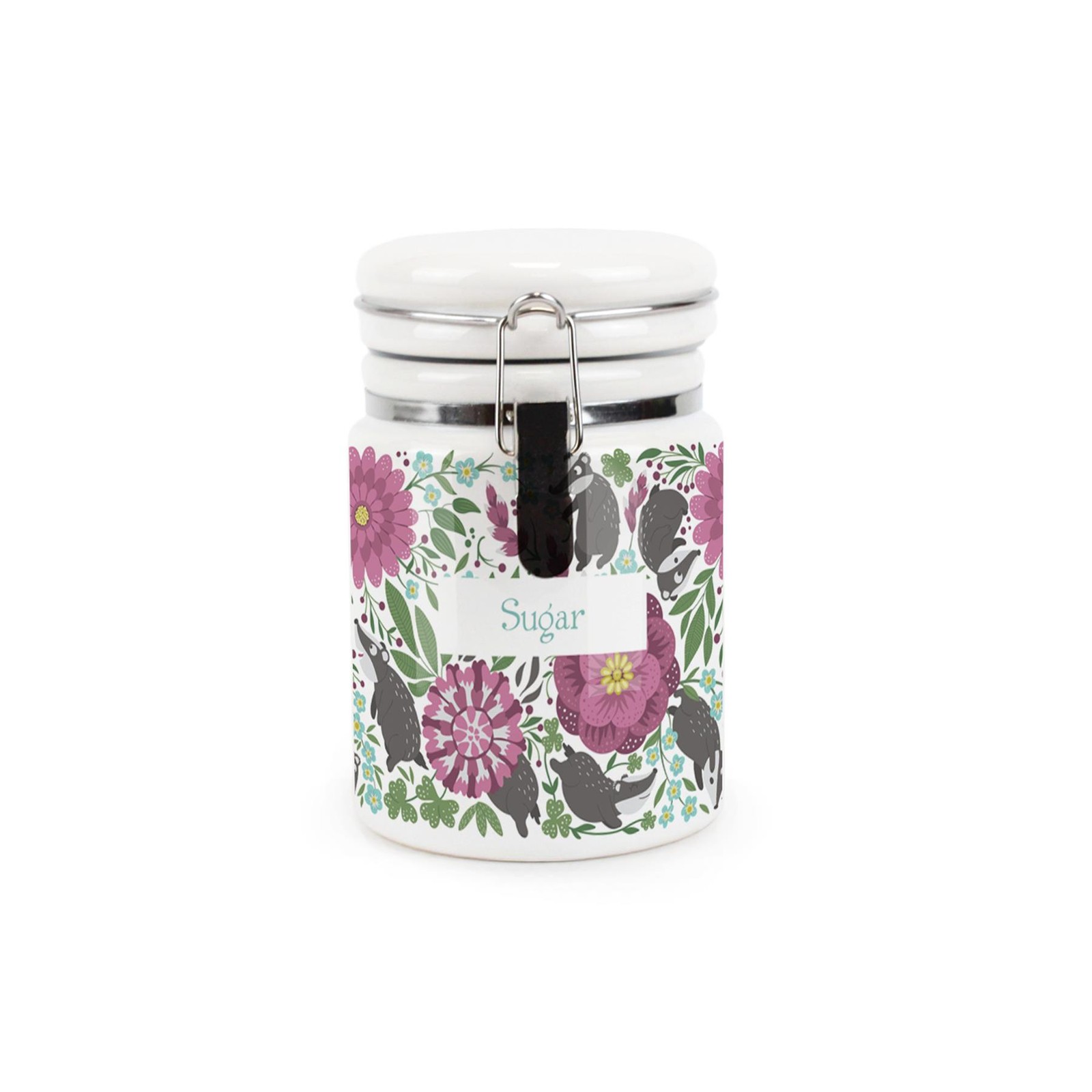 Ceramic Clip-Lid Floral Badgers Canister - Sugar Storage Container