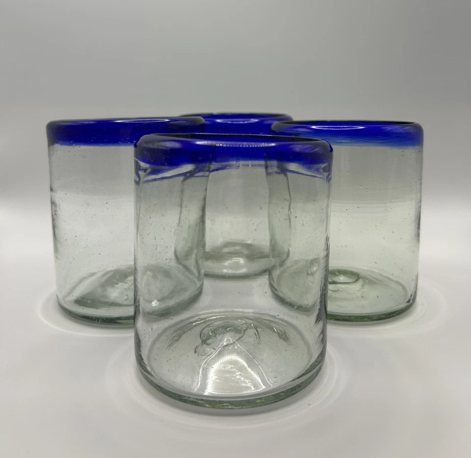 Set Of 4 Mexico Blown Glass Whiskey Double Low Ball Glasses Cobalt Blue Rim - Image 3 of 4