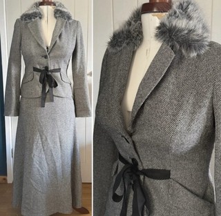 Monsoon grey maxi tweed wool blend skirt suit detachable faux fur collar Size 8