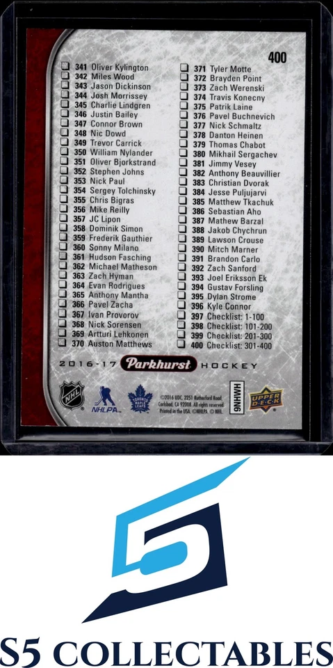 2016-17 Parkhurst #400 Auston Matthews Red 2804 - Image 2 of 2