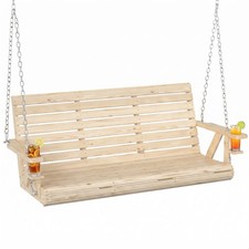 5 FT Wooden Porch Swing 3-Seater with Cuphold...