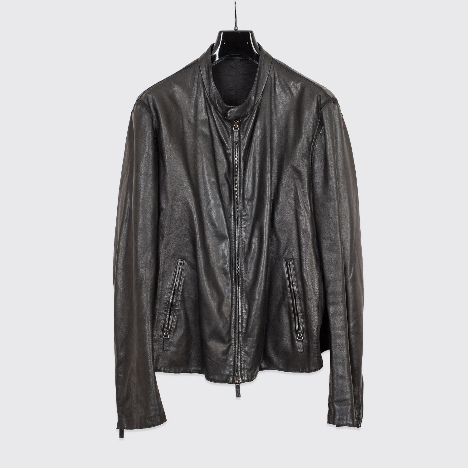 Giorgio Armani — Giorgio Armani Moto Jacket Size EU56 Men Solid Black Lambskin Leather Full Zip