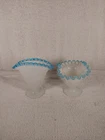Pair Of Fenton Milk Glass Blue Ruffle Rim Fan Vase And Crimped Vase