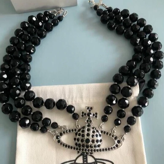 Vivienne Westwood Messaline Triple Three Row Black Gem Silver Necklace Choker - Image 2 of 4