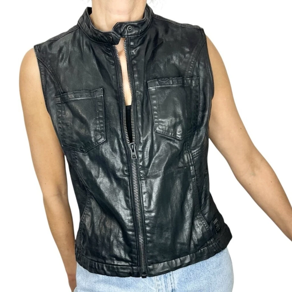 Harley Davidson black waxed cotton stretch fitted full zip moto biker vest M - Image 2 of 4