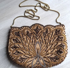 VINTAGE HAND BEADED COCOA BROWN SHOULDER EVENING BAG - APPROX. 19" DROP