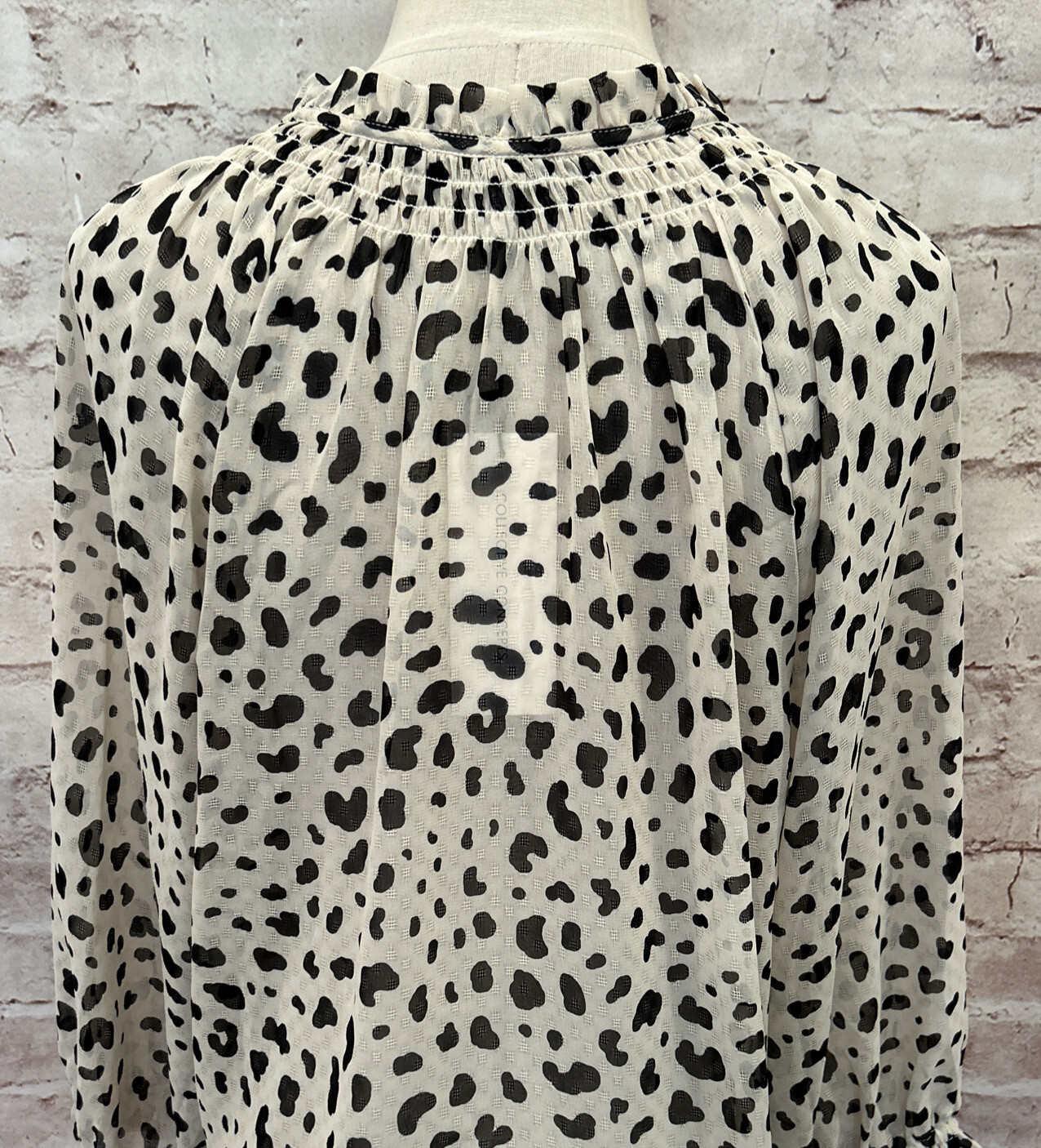 Collective Concepts Womens S Popover Blouse Ivory Cheetah Ruffle Tie Neck Sheer